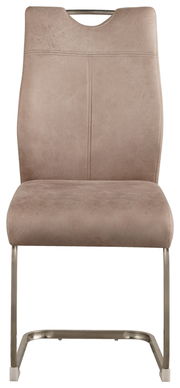 Moderner Schwingstuhl in Beige aus der Frontperspektive mit Metallgestell und gepolsterter Rückenlehne.