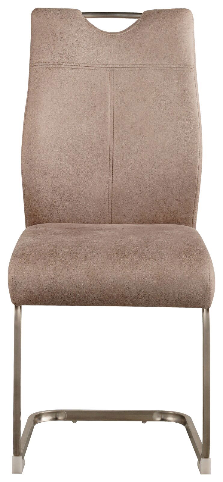 Moderner Schwingstuhl in Beige aus der Frontperspektive mit Metallgestell und gepolsterter Rückenlehne.