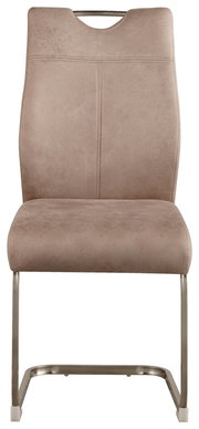 Moderner Schwingstuhl in Beige aus der Frontperspektive mit Metallgestell und gepolsterter Rückenlehne.