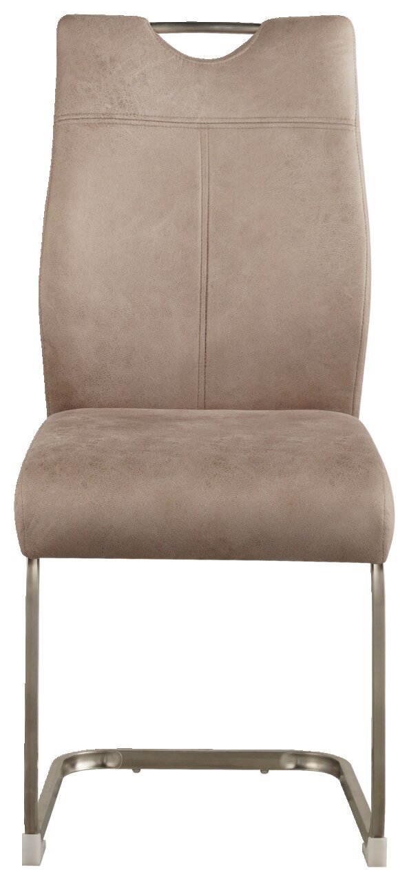 Moderner Schwingstuhl in Beige aus der Frontperspektive mit Metallgestell und gepolsterter Rückenlehne.