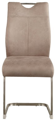 Moderner Schwingstuhl in Beige aus der Frontperspektive mit Metallgestell und gepolsterter Rückenlehne.