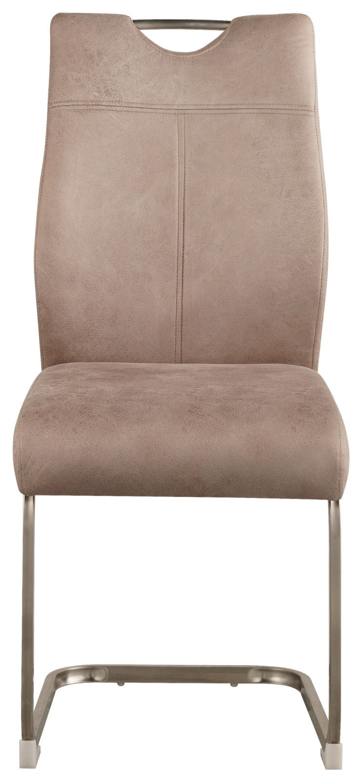 Moderner Schwingstuhl in Beige aus der Frontperspektive mit Metallgestell und gepolsterter Rückenlehne.