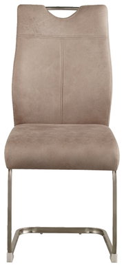 Moderner Schwingstuhl in Beige aus der Frontperspektive mit Metallgestell und gepolsterter Rückenlehne.