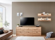 Houten wandplank in een moderne woonkamer, gezien vanaf de voorkant, met decoraties zoals boeken, planten en vazen.