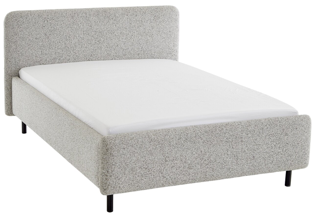 Polsterbett in hellgrauem Stoff mit Kopfteil, seitlicher Blickwinkel