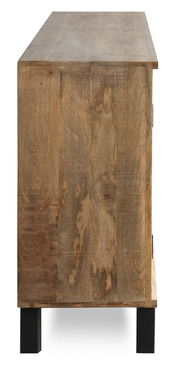 Seitenansicht eines Sideboards aus Holz mit natürlicher Maserung und schwarzen Metallbeinen.