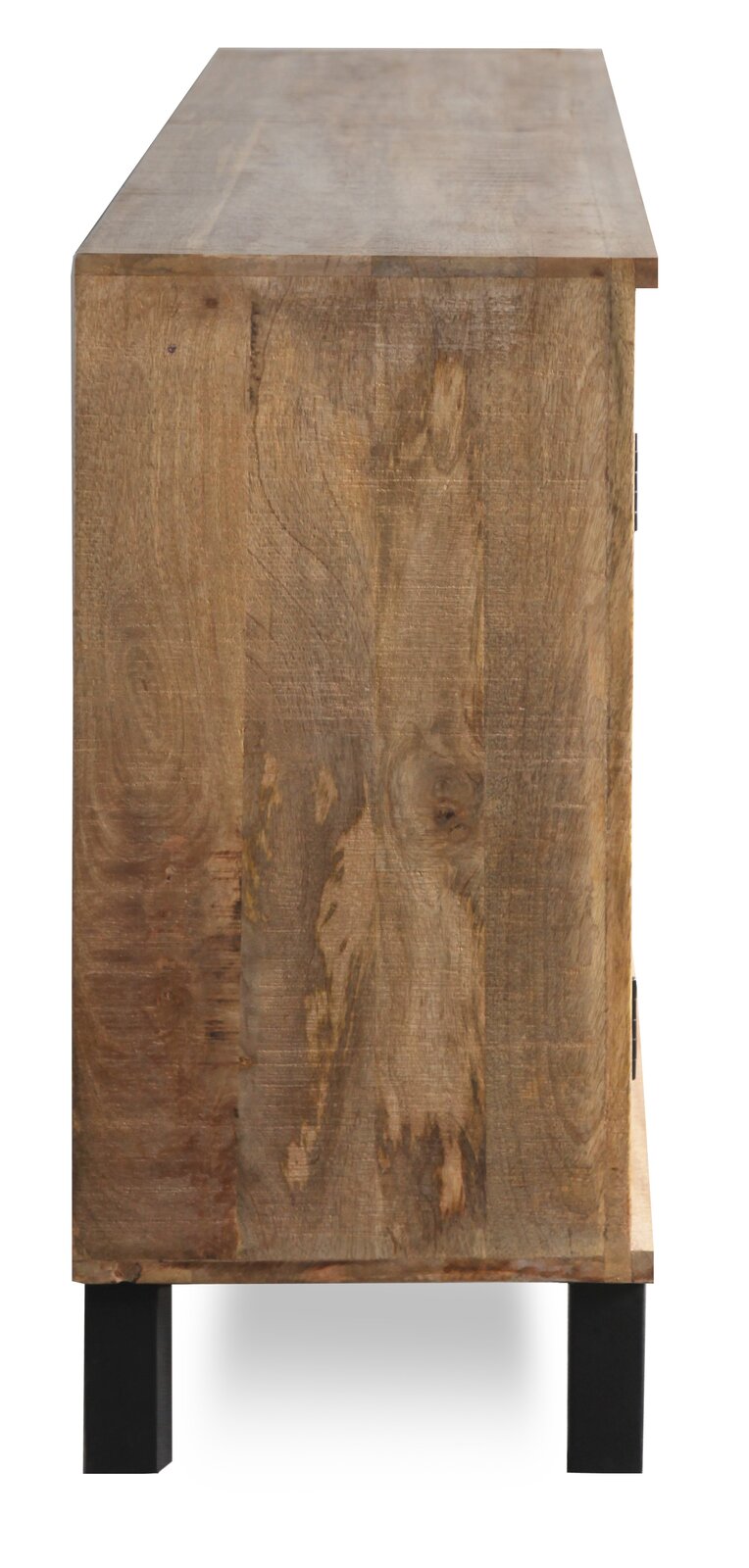 Seitenansicht eines Sideboards aus Holz mit natürlicher Maserung und schwarzen Metallbeinen.