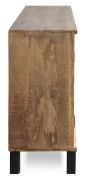 Zijaanzicht van een houten dressoir met natuurlijke nerf en zwarte metalen poten.