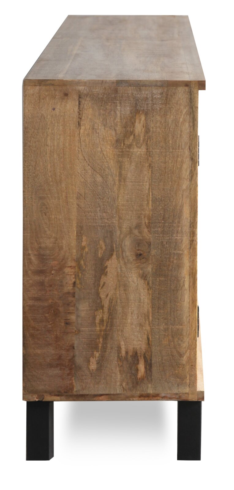 Zijaanzicht van een houten dressoir met natuurlijke nerf en zwarte metalen poten.