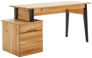 Moderner Schreibtisch aus Holz mit schwarzem Metallgestell, seitliche Perspektive