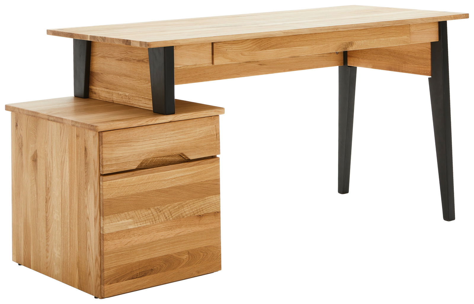 Moderner Schreibtisch aus Holz mit schwarzem Metallgestell, seitliche Perspektive