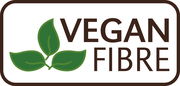 Logo mit drei grünen Blättern und der Aufschrift 'Vegan Fibre' in brauner Schrift, aus der Vorderansicht.