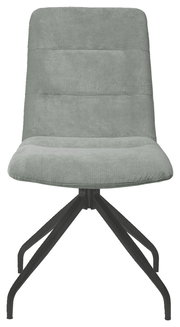 Moderner Stuhl mit grauem Stoffbezug und schwarzem Metallgestell, Frontalansicht