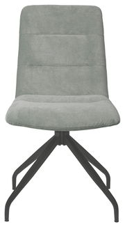 Moderner Stuhl mit grauem Stoffbezug und schwarzem Metallgestell, Frontalansicht