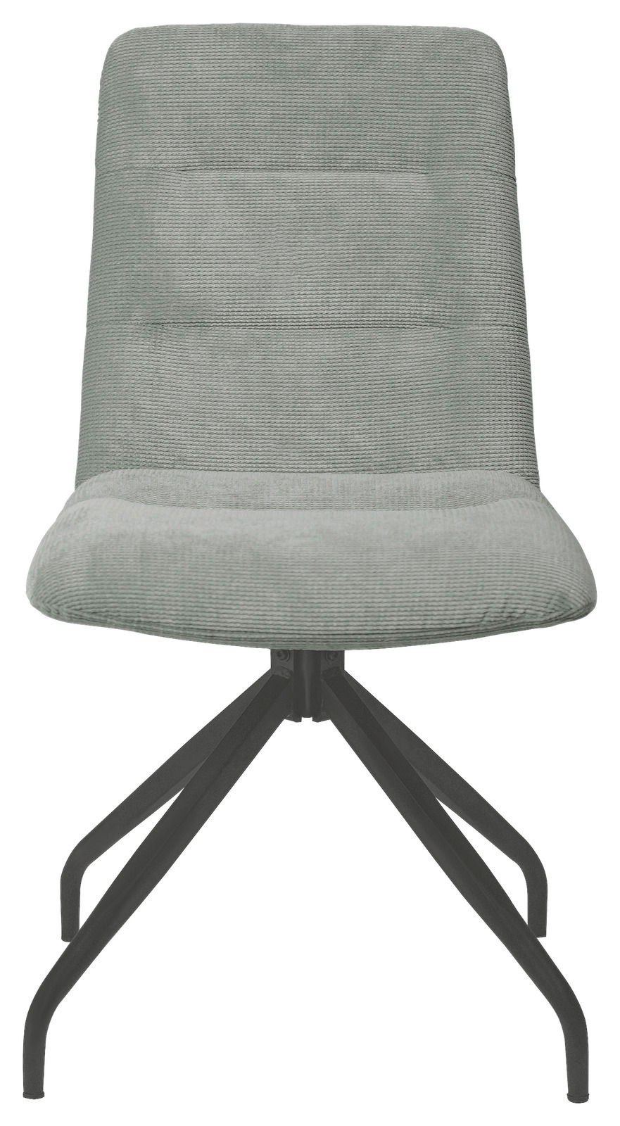 Moderner Stuhl mit grauem Stoffbezug und schwarzem Metallgestell, Frontalansicht