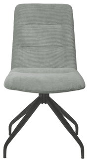 Moderner Stuhl mit grauem Stoffbezug und schwarzem Metallgestell, Frontalansicht