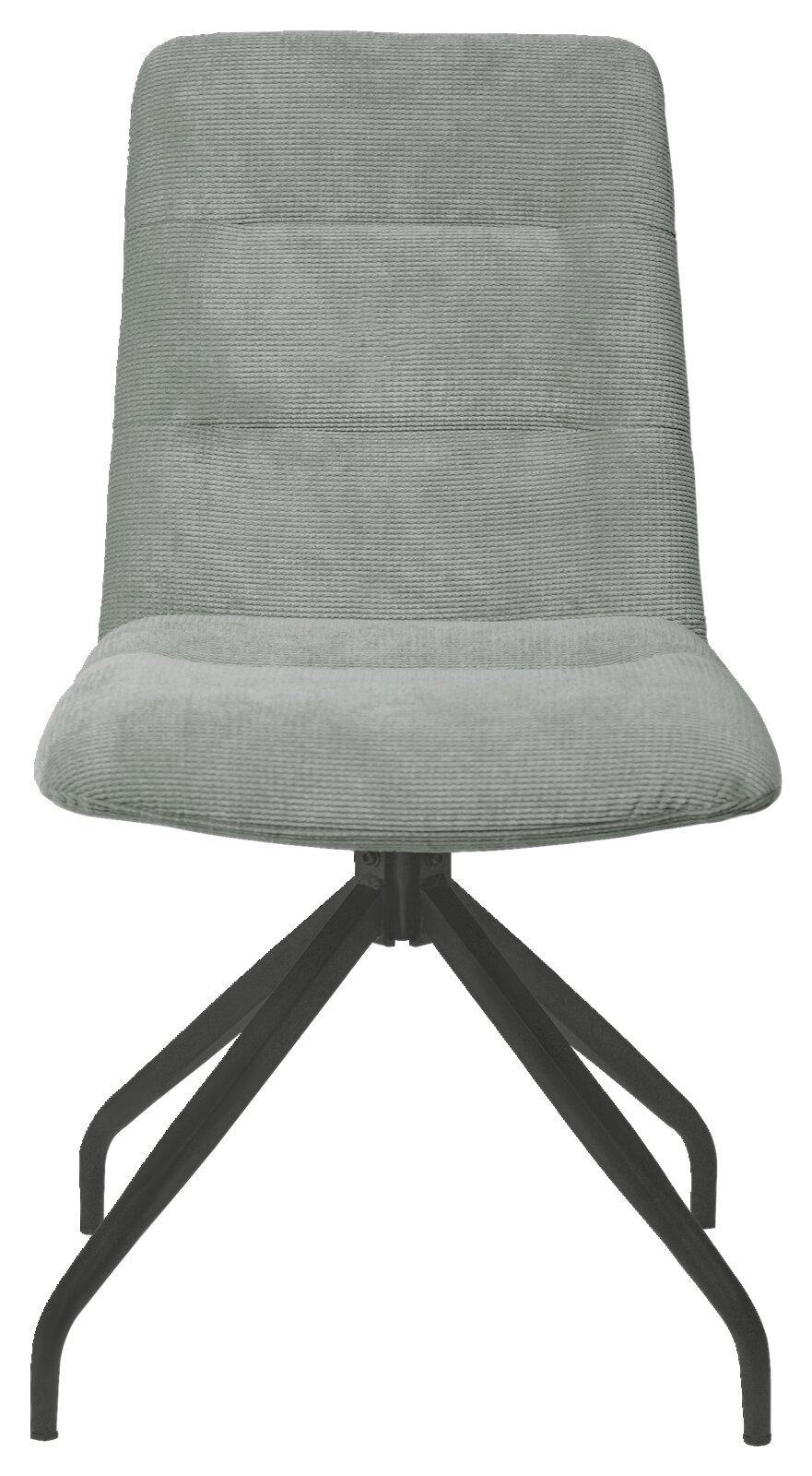 Moderner Stuhl mit grauem Stoffbezug und schwarzem Metallgestell, Frontalansicht