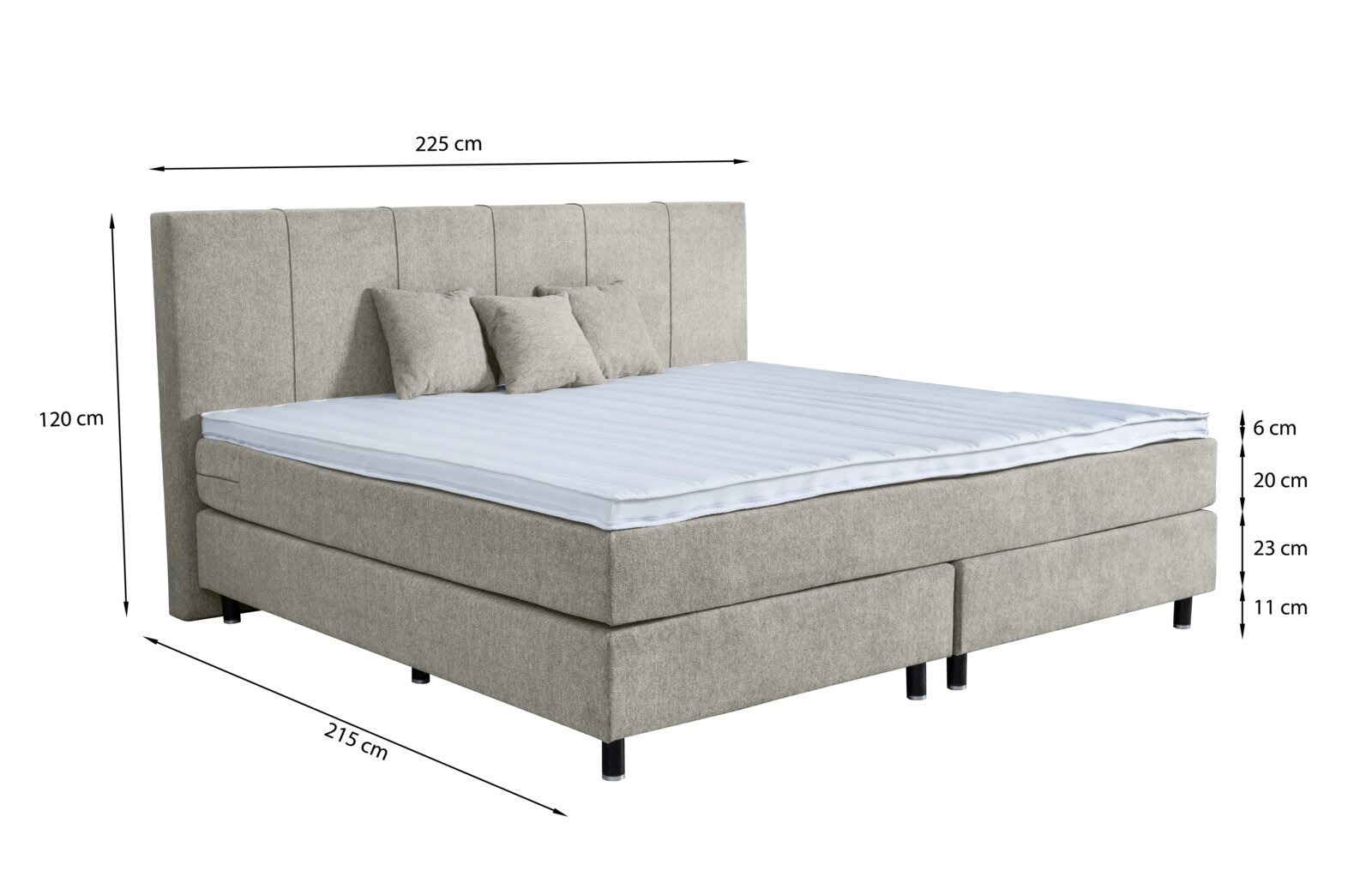 Boxspringbett in seitlicher Perspektive mit grauem Stoffbezug, drei Kissen und detaillierten Maßangaben.