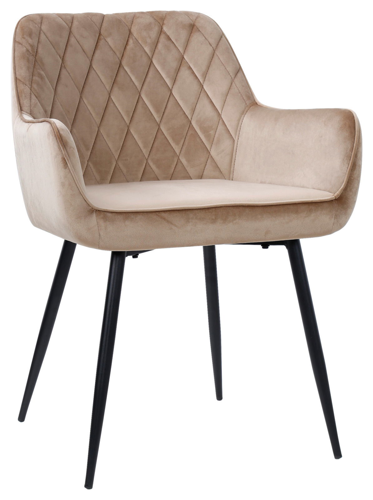 Beiger Armlehnstuhl mit gestepptem Muster und schwarzen Beinen, seitliche Perspektive