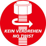 Rotes Symbol mit einem Duschschlauch-Anschluss und einem Pfeil, der die Anti-Verdreh-Funktion zeigt, mit der Aufschrift 'Kein Verdrehen, No Twist'.