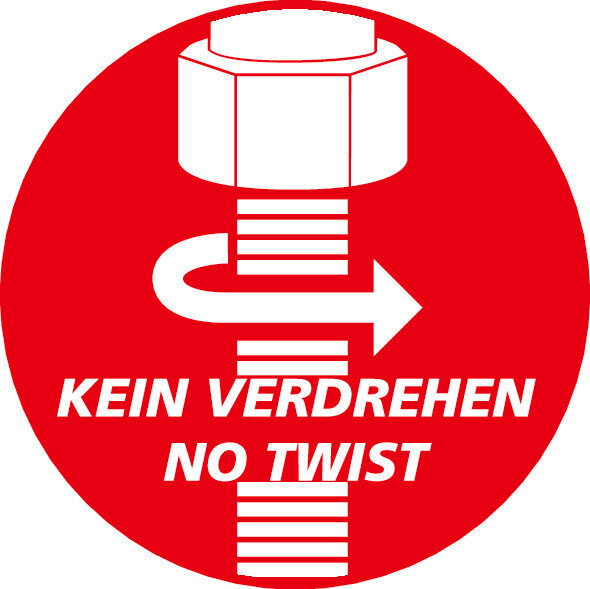 Rotes Symbol mit einem Duschschlauch-Anschluss und einem Pfeil, der die Anti-Verdreh-Funktion zeigt, mit der Aufschrift 'Kein Verdrehen, No Twist'.