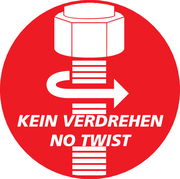 Rotes Symbol mit einem Duschschlauch-Anschluss und einem Pfeil, der die Anti-Verdreh-Funktion zeigt, mit der Aufschrift 'Kein Verdrehen, No Twist'.