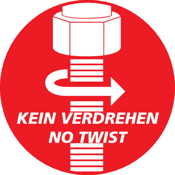Rotes Symbol mit einem Duschschlauch-Anschluss und einem Pfeil, der die Anti-Verdreh-Funktion zeigt, mit der Aufschrift 'Kein Verdrehen, No Twist'.