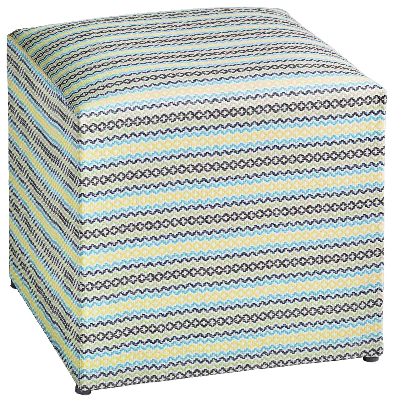 Bunter Sitzhocker mit geometrischem Muster, seitliche Perspektive