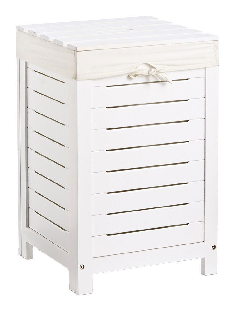 Weißer Wäschesammler aus Holz mit Stoffabdeckung, seitliche Perspektive