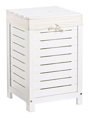 Weißer Wäschesammler aus Holz mit Stoffabdeckung, seitliche Perspektive