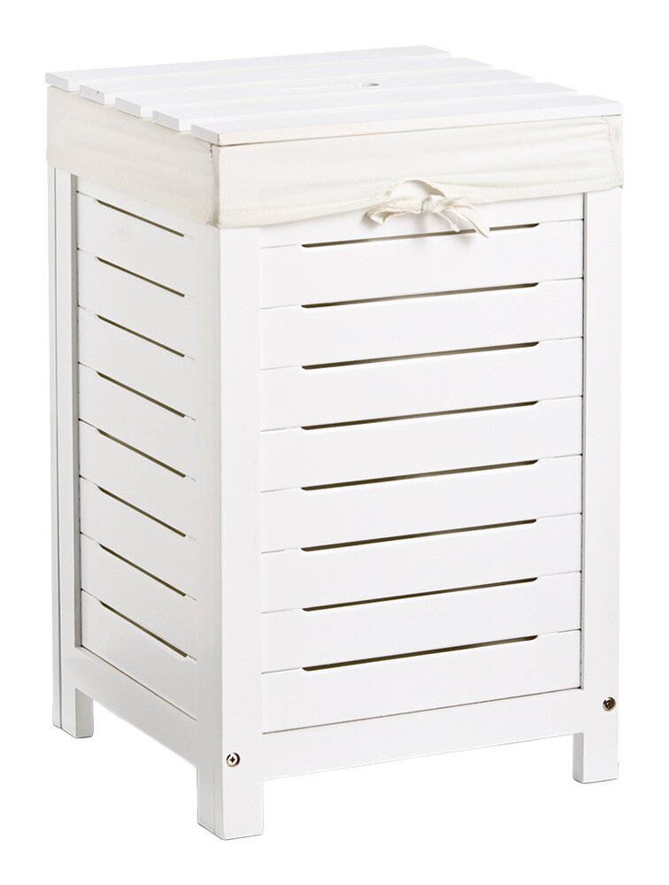 Weißer Wäschesammler aus Holz mit Stoffabdeckung, seitliche Perspektive