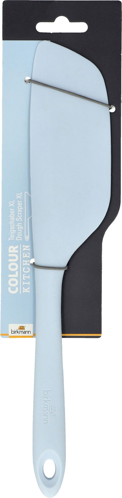 Birkmann Teigschaber XL COLOUR KITCHEN Hellblauer Teigschaber XL von vorne auf schwarzer Verpackung.