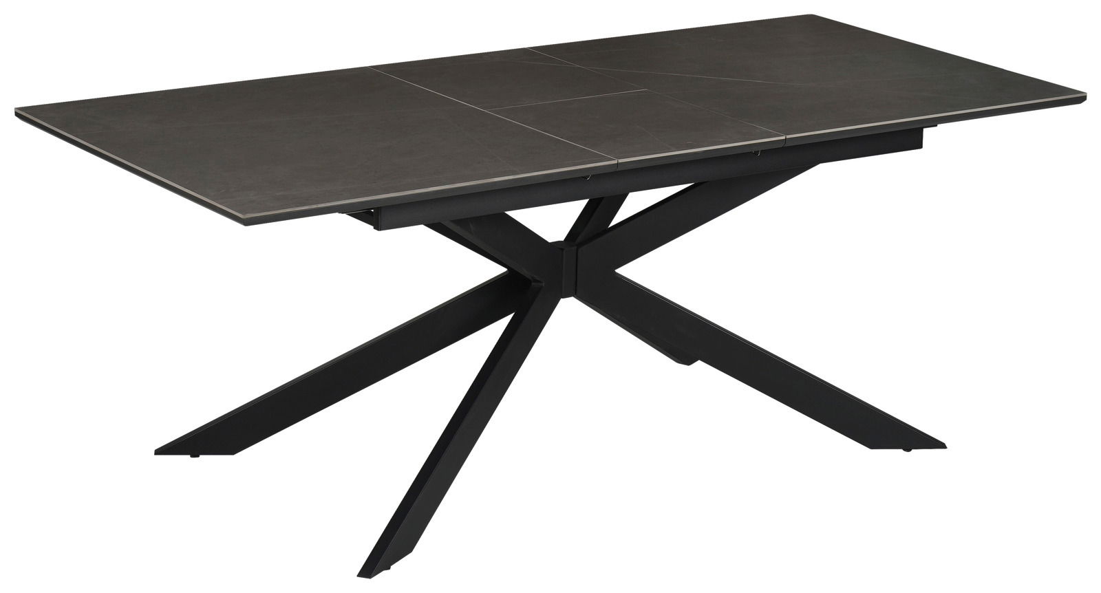 Moderner Esstisch mit dunkler Tischplatte und schwarzem, kreuzförmigem Gestell, seitliche Perspektive