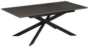 Moderner Esstisch mit dunkler Tischplatte und schwarzem, kreuzförmigem Gestell, seitliche Perspektive