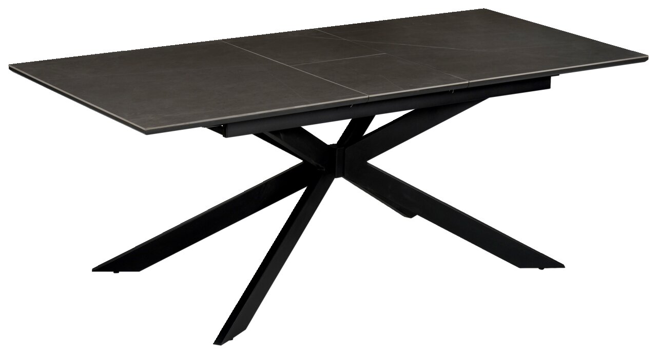 Moderner Esstisch mit dunkler Tischplatte und schwarzem, kreuzförmigem Gestell, seitliche Perspektive