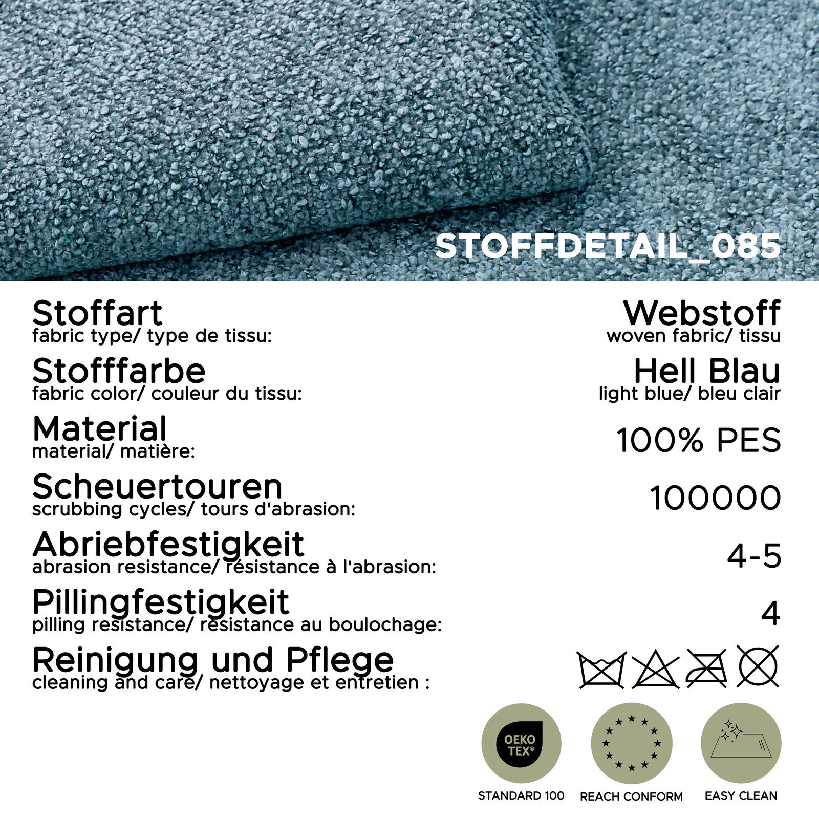 Nahaufnahme eines hellblauen Webstoffs (100% PES) mit strukturierter Oberfläche, Stoffdetail_085, aus leicht schräger Perspektive von oben.
