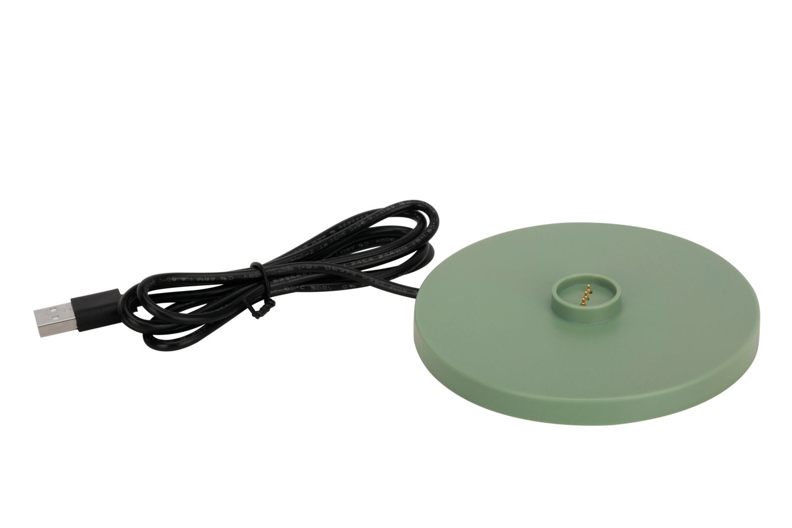 Grüne runde Basis einer Akku-Tischleuchte mit USB-Kabel, seitliche Perspektive