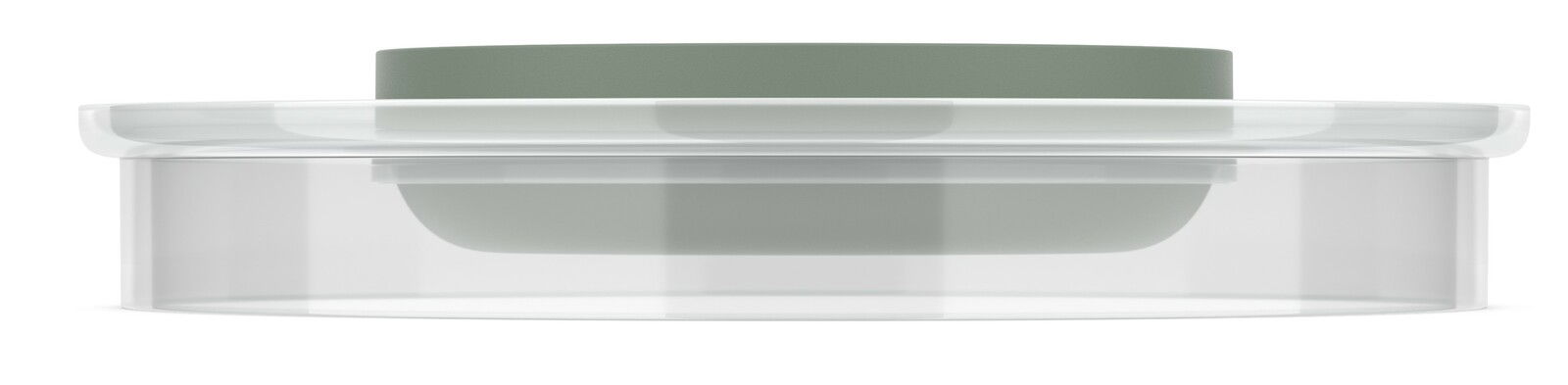 Mepal Spritzschutzdeckel Rührschüssel CHEF IT Seitliche Ansicht eines transparenten Spritzschutzdeckels für Rührschüssel mit grünem Rand.