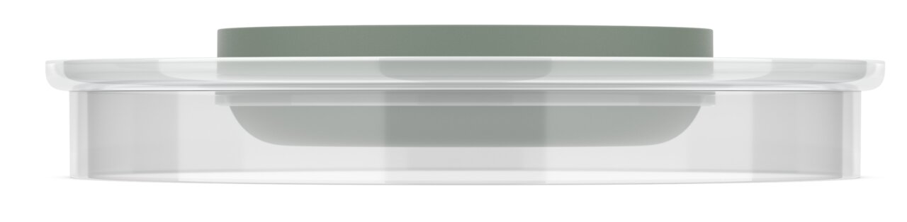 Mepal Spritzschutzdeckel Rührschüssel CHEF IT Seitliche Ansicht eines transparenten Spritzschutzdeckels für Rührschüssel mit grünem Rand.