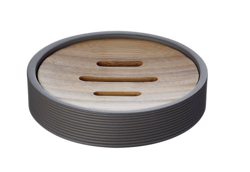 Runde Seifenschale aus Anthrazit mit Holzdeckel und Schlitzen, seitliche Perspektive