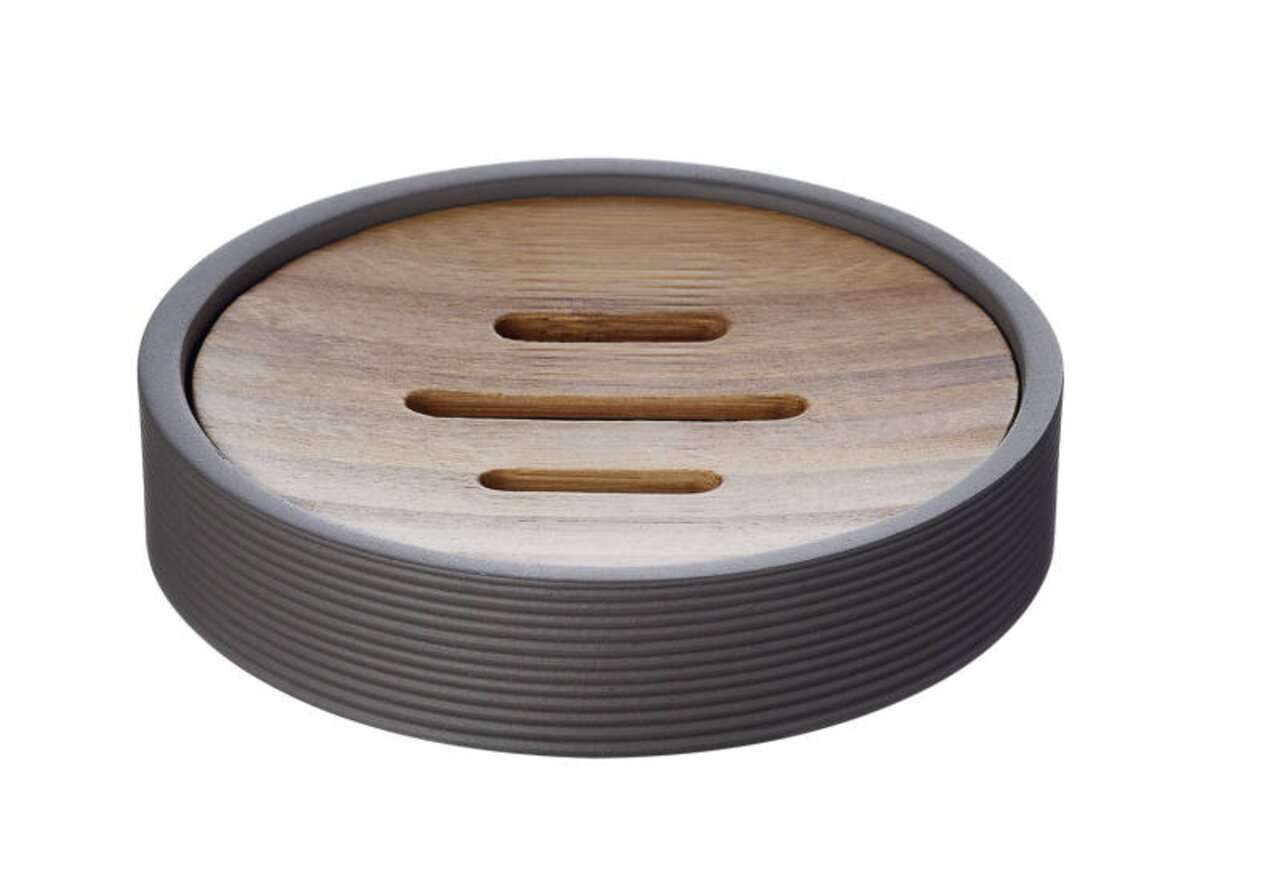 Runde Seifenschale aus Anthrazit mit Holzdeckel und Schlitzen, seitliche Perspektive