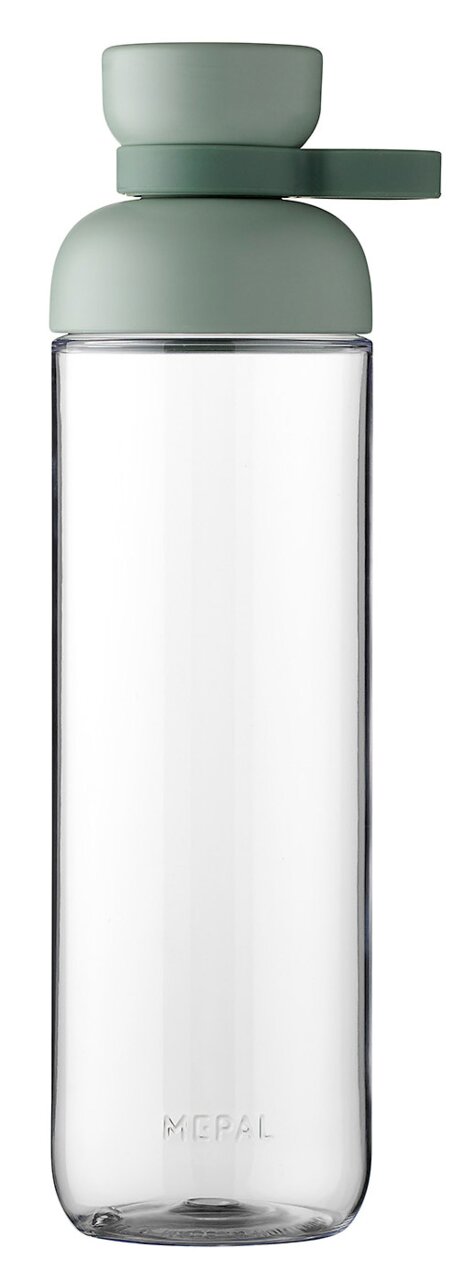Trinkflasche Nordic Sage in Seitenansicht mit grünem Deckel und transparentem Körper