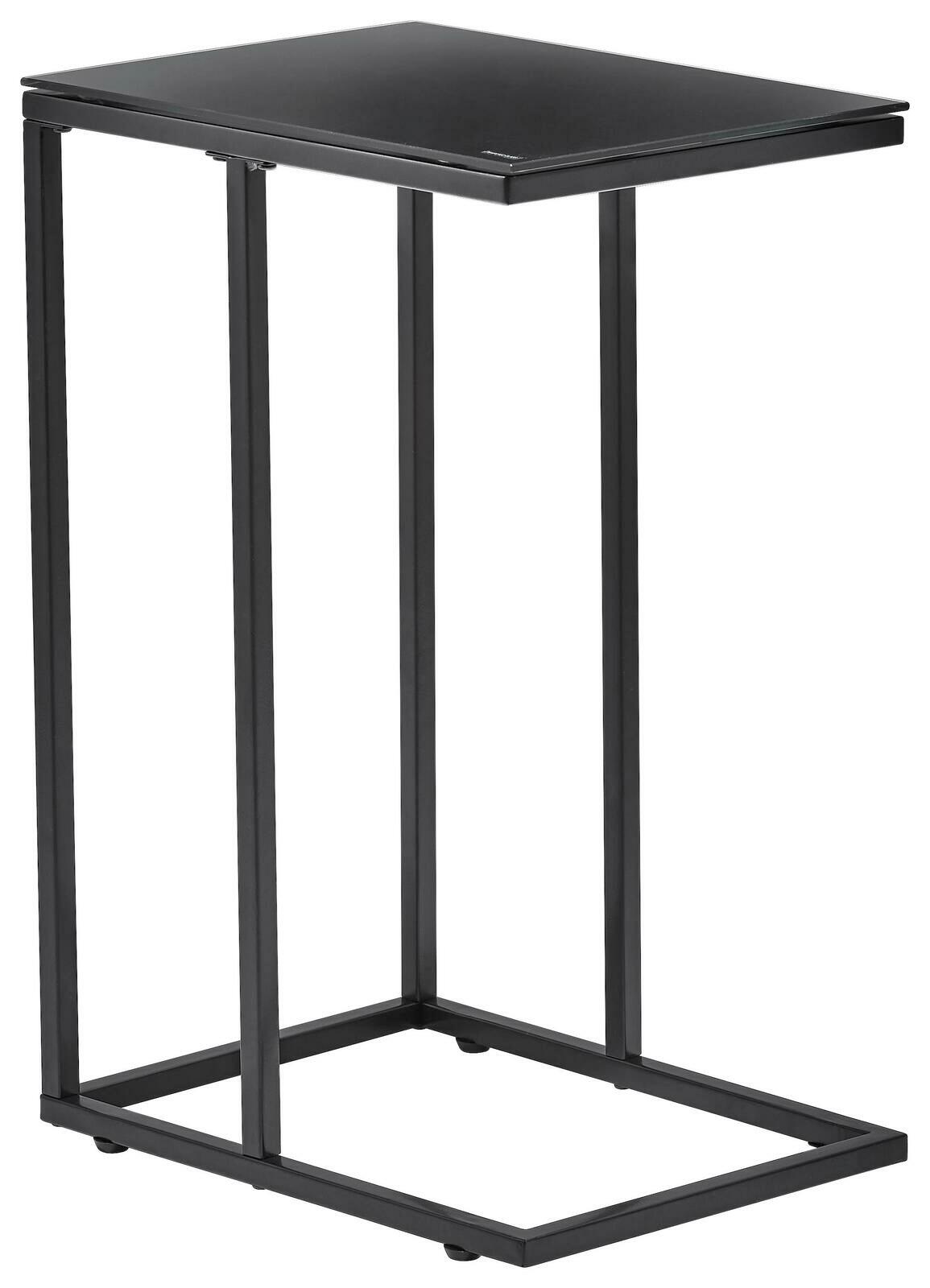 Moderner schwarzer Beistelltisch aus Metall mit rechteckiger Tischplatte, seitliche Perspektive.