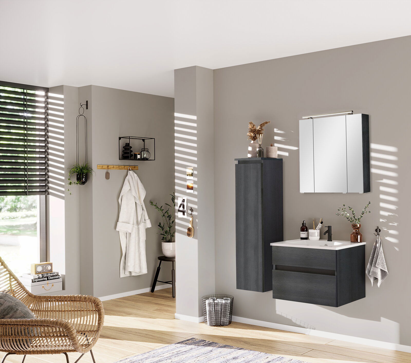 Novel Badblock NV.210 Modernes Badezimmer mit grauem Badblock, bestehend aus einem Hängeschrank, Waschbeckenunterschrank und Spiegelschrank, seitliche Perspektive.