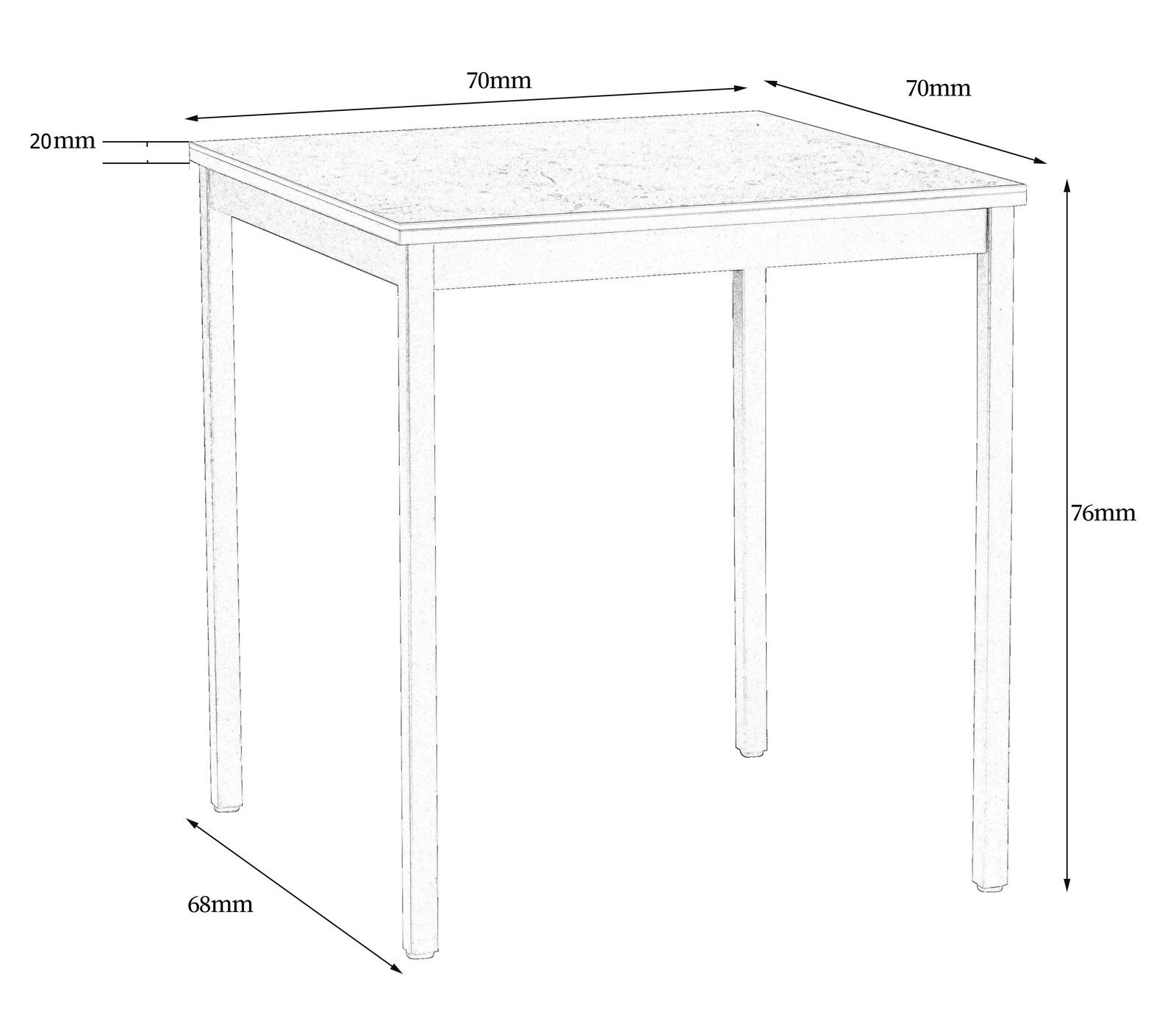 Esstisch mit quadratischer Tischplatte, 70mm Seitenlänge, 76mm Höhe, aus seitlicher Perspektive dargestellt.