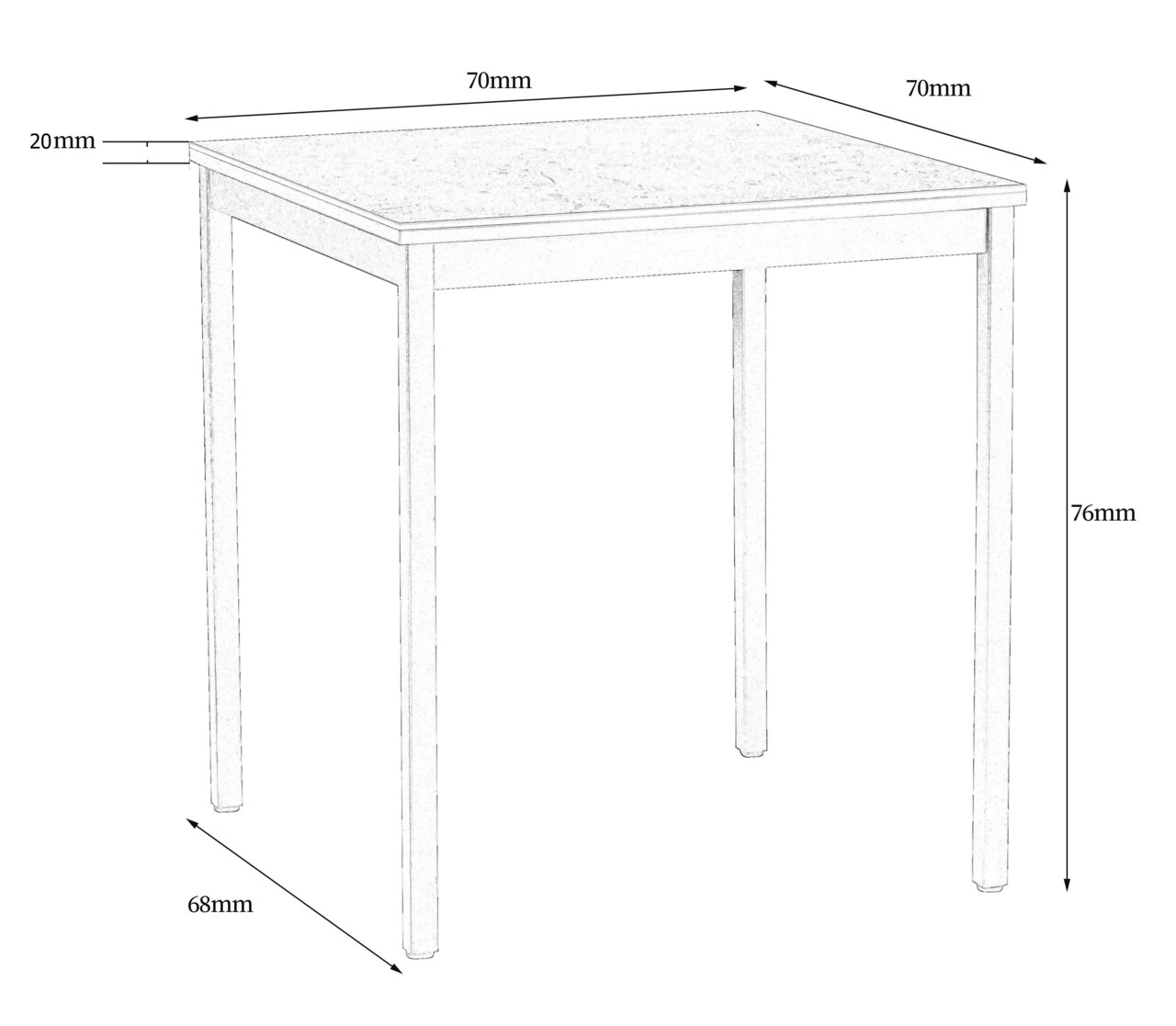Esstisch mit quadratischer Tischplatte, 70mm Seitenlänge, 76mm Höhe, aus seitlicher Perspektive dargestellt.