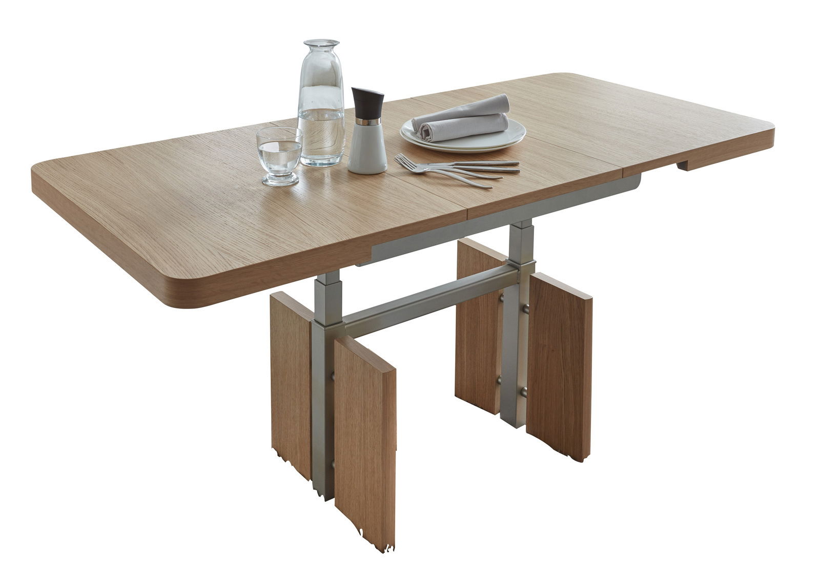 Moderner Couchtisch aus Holz mit Metallgestell, seitliche Perspektive