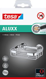 tesa Aluxx Seifenkorb aus Aluminium, seitliche Perspektive, glänzend und rostfrei, einfache Montage ohne Bohren