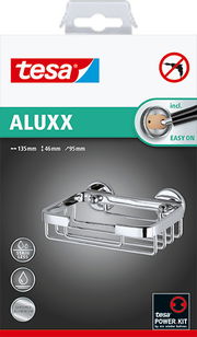 tesa Aluxx Seifenkorb aus Aluminium, seitliche Perspektive, glänzend und rostfrei, einfache Montage ohne Bohren