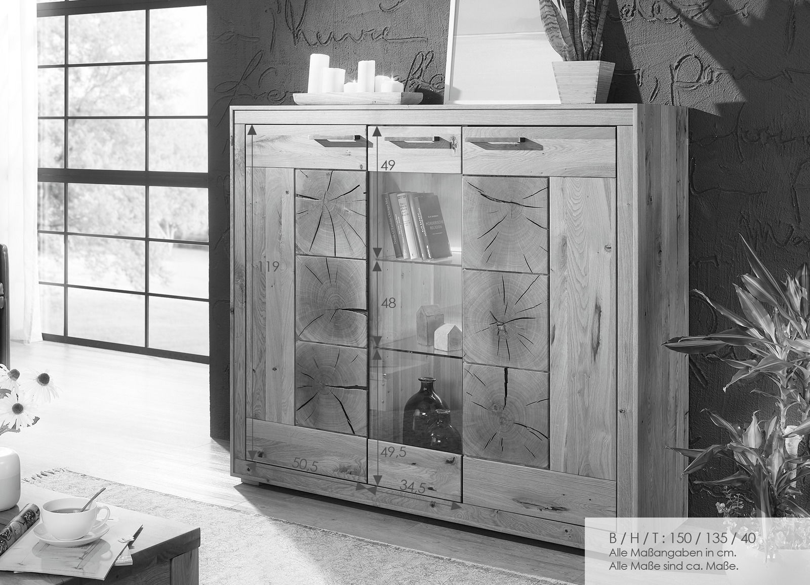 Frontale Ansicht eines Highboards aus Holz mit Glastüren und dekorativen Elementen, umgeben von Pflanzen und Dekorationen.